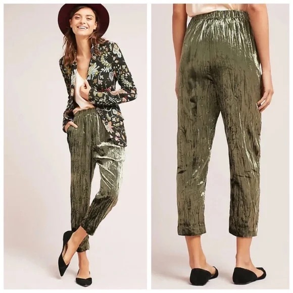 ETT TWA by Anthropologie Kinley Cropped Crushed Velvet Trouser Pants - Picture 1 of 7
